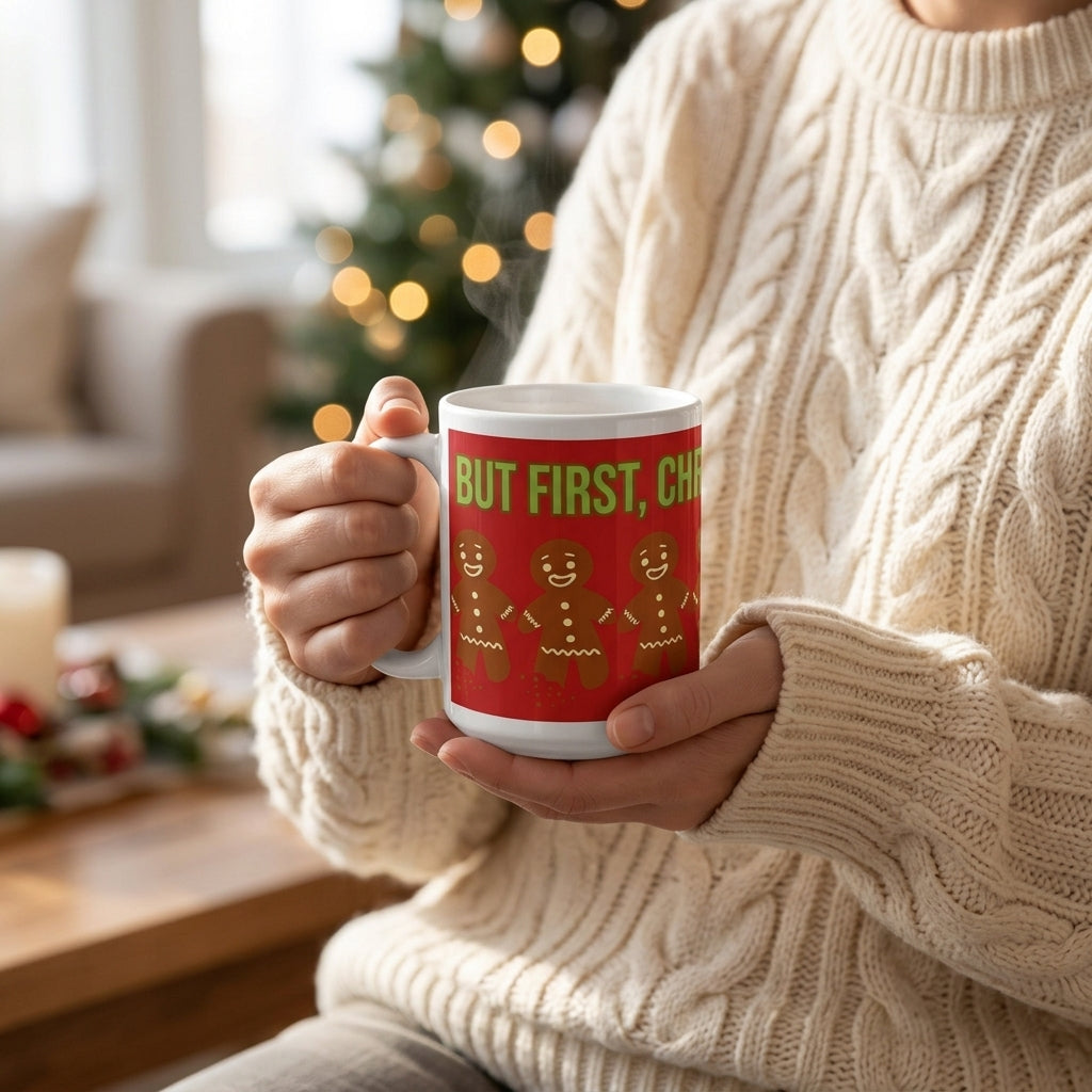 Person in cozy knit sweater holding 15 oz gingerbread Christmas coffee mug
