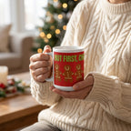 Person in cozy knit sweater holding 15 oz gingerbread Christmas coffee mug