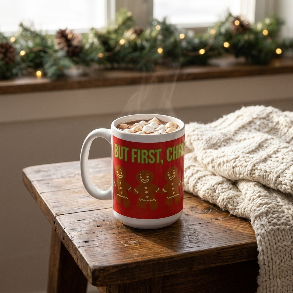 15 oz Christmas coffee mug on rustic wooden table with hot cocoa and marshmallows