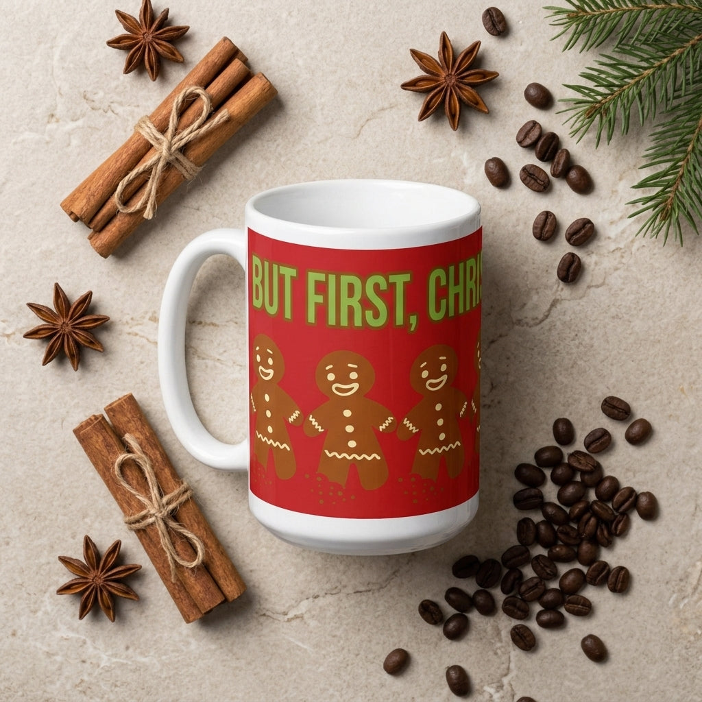 Festive flat-lay of 15 oz Christmas coffee mug with cinnamon and coffee beans